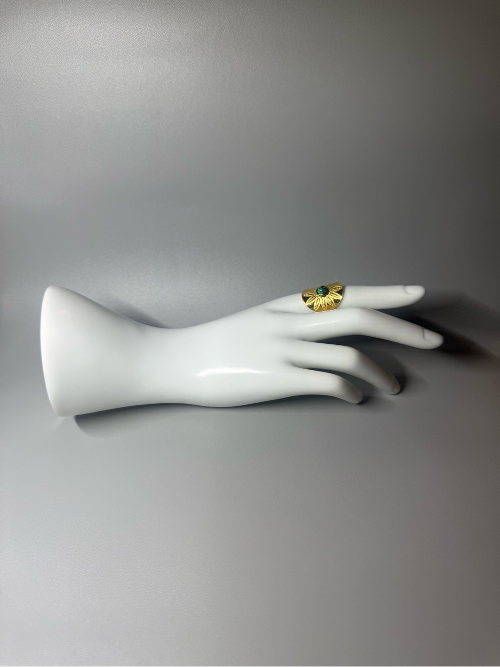 Gold Floral Statement Ring with Green Stone